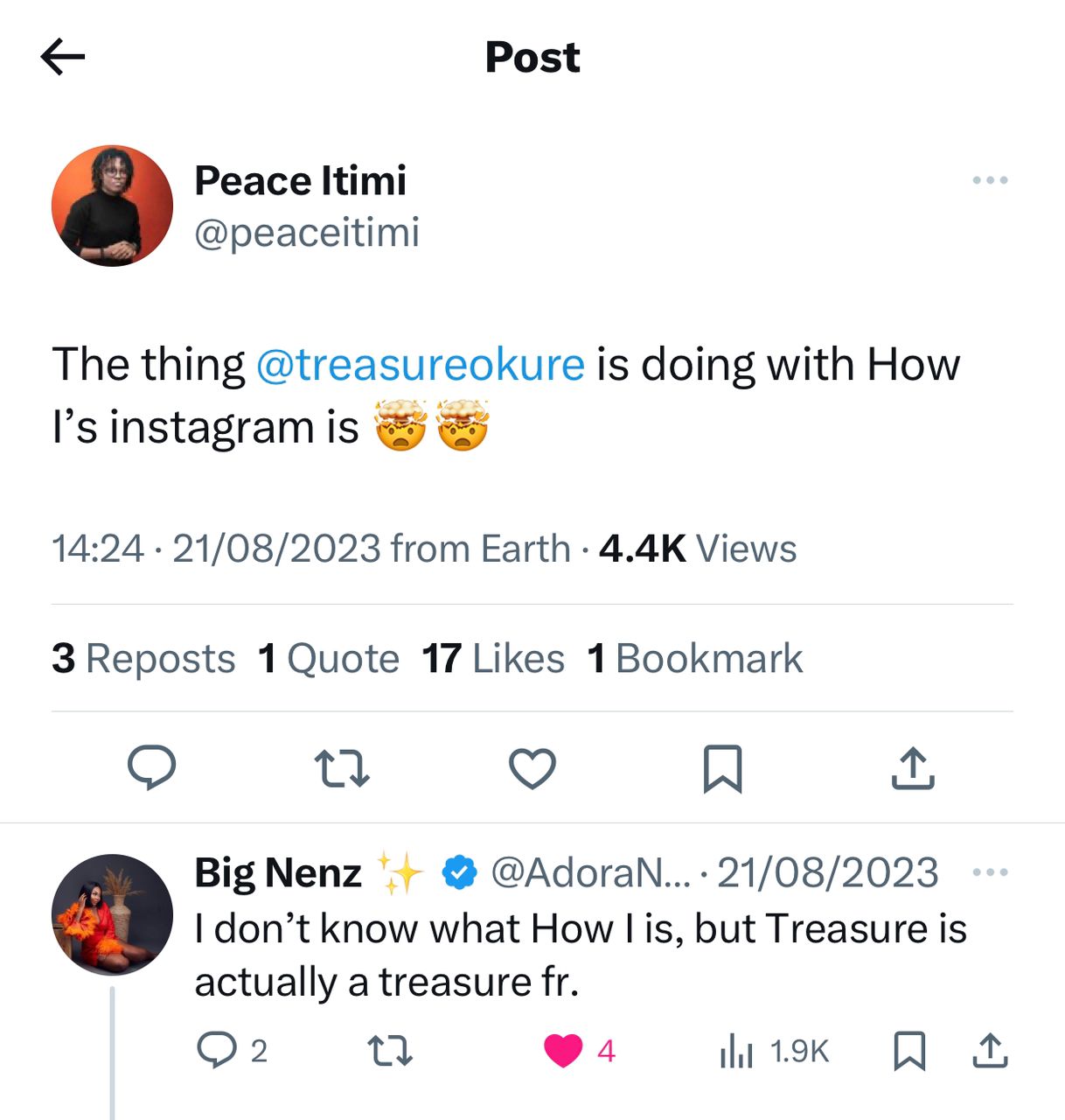 Peace Itimi tweet praising HOW I's Instagram work